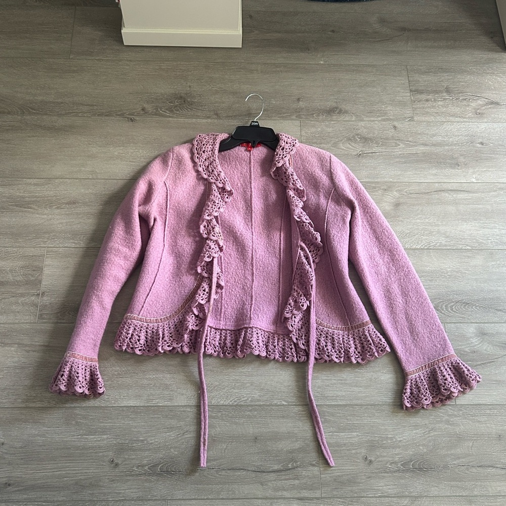 Luxury French Rene Derhy Pink Ruffled Wool Coat - Size Small